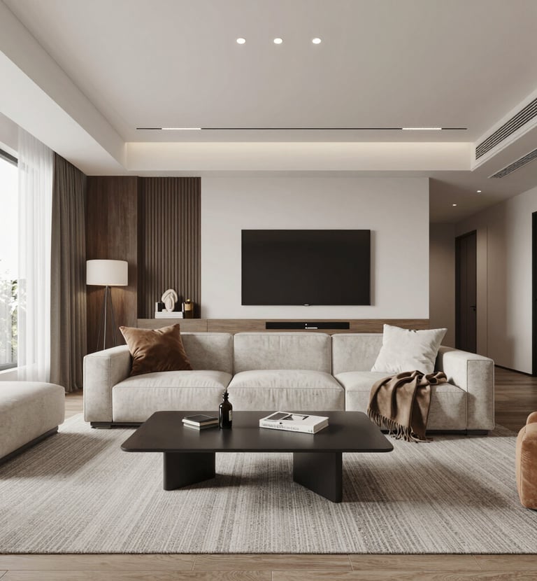 A sleek kitchen interior showcasing marble surfaces and soft greige colors