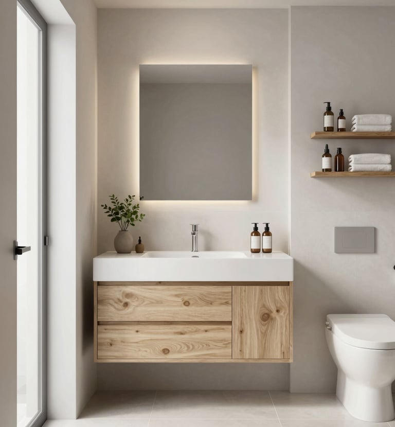 A cozy bathroom with terracotta highlights and realistic concrete textures