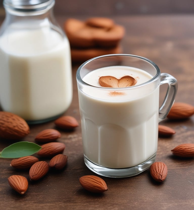 Almond milk carton beside a latte with latte art.