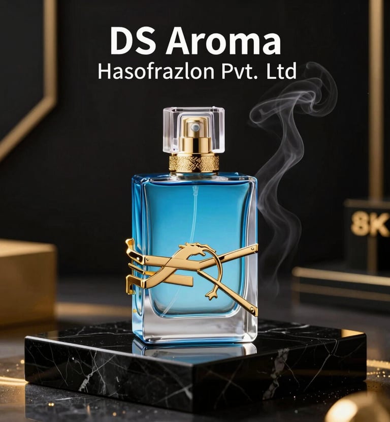 Floating perfume bottles arranged with smooth parallax scrolling effect and glowing amber accents.