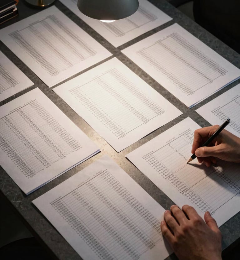 Wide overhead shot of a financial audit workspace — rows of printed spreadsheets and annotated contracts spread across a dark slate desk, a single cool task lamp casting precise light across columns of figures, one hand holding a mechanical pencil mid-notation, deep shadows at the frame edges