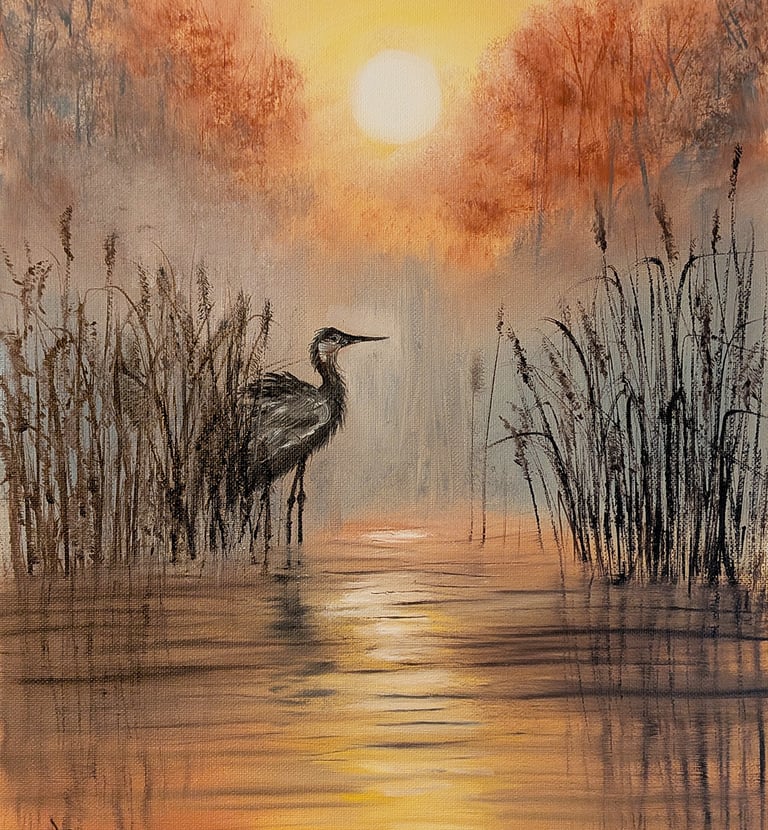 A painting of a heron against a sunrise or sunset standing in shallow water surrounded by reeds.