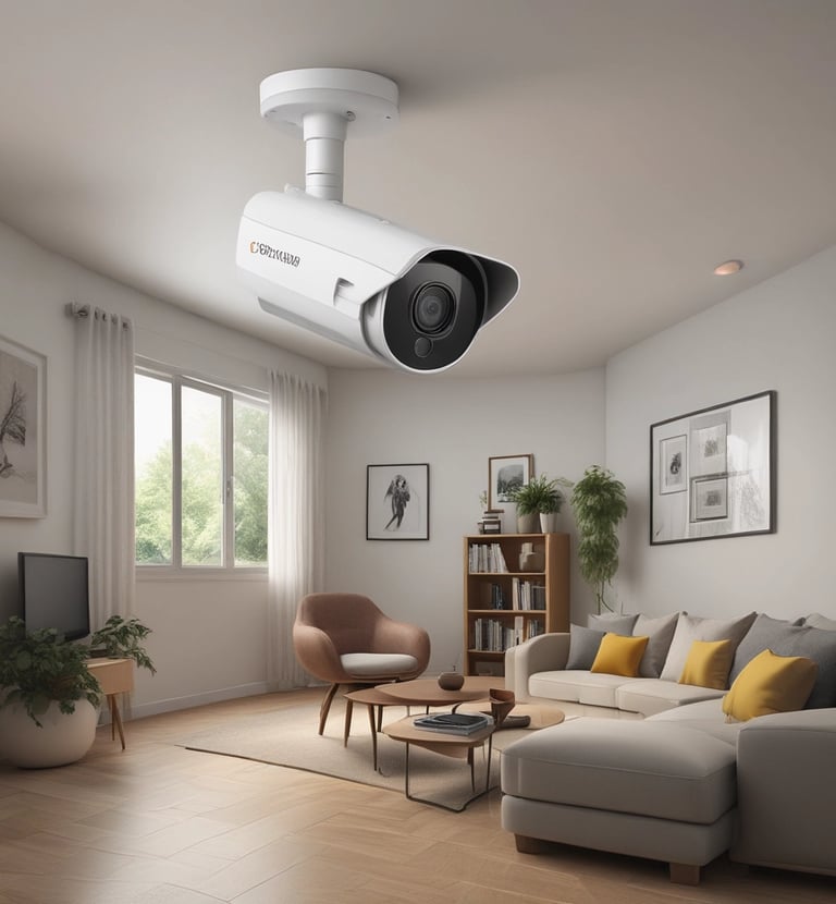 CCTV camera mounted on a building exterior with clear cityscape background.