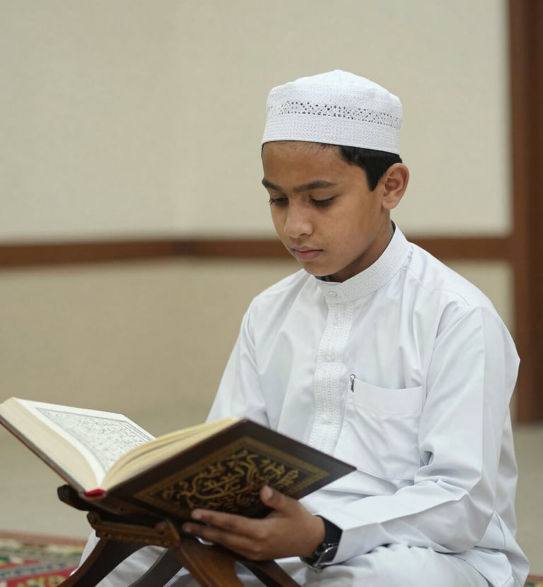 A teacher gently guiding a student through daily duas with warm smiles.