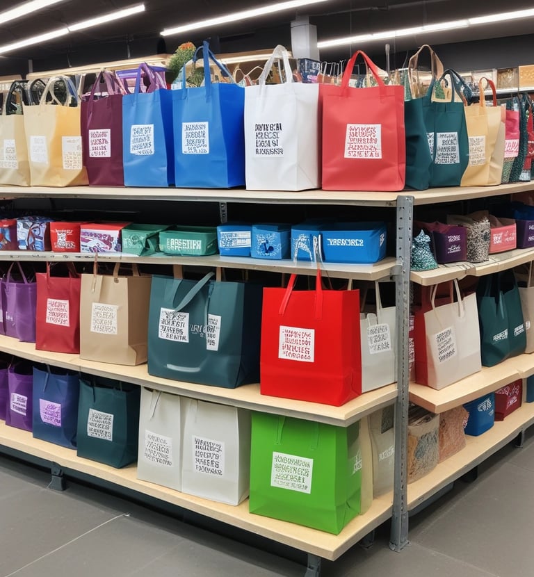 A row of colorful custom tote bags displayed at a bustling trade show.