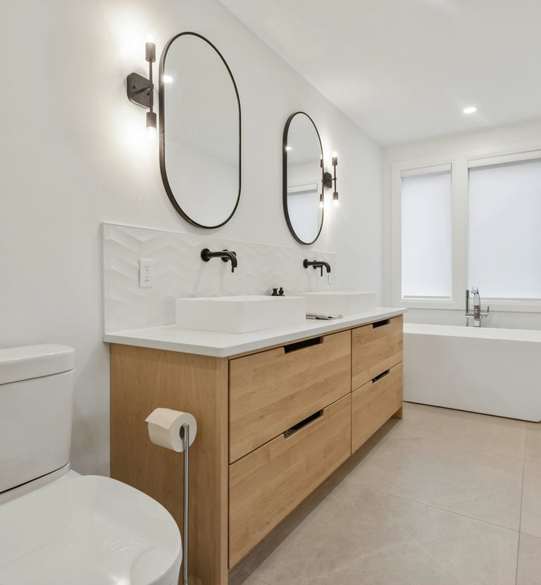 Salle de bain sur mesure avec meuble double vasque en bois clair et baignoire îlot conçue par Baïa Home à Caen