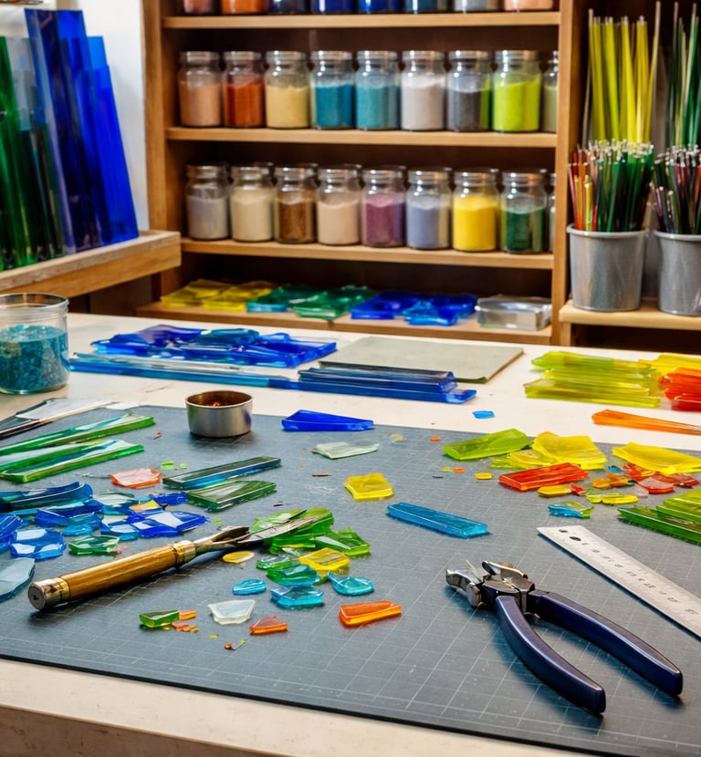 Fused glass studio with work table, ruler, tools, and glass