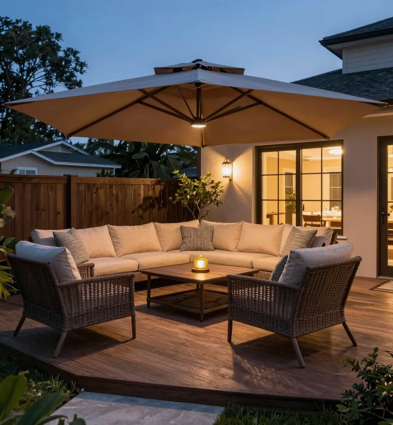 An outdoor patio with string lights overhead, comfortable seating, and vibrant plants creating a peaceful retreat.