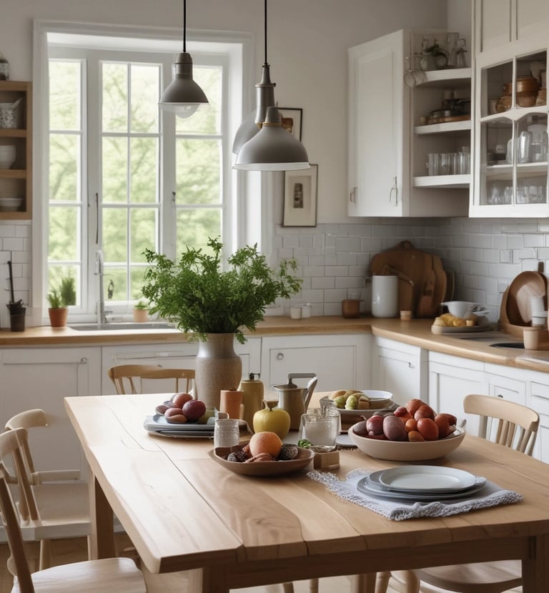 Elegant wooden dining table set with natural linen napkins and simple ceramic dishes, framed by deep green plants.