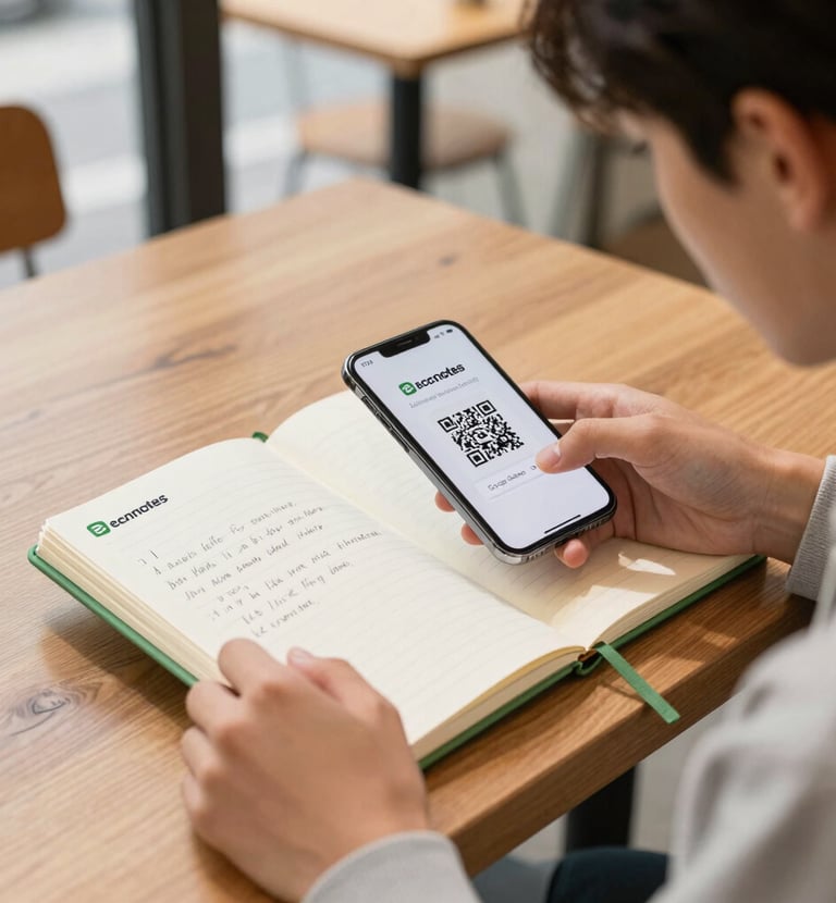 A student scanning the QR code on the notebook to access digital notes on a smartphone.