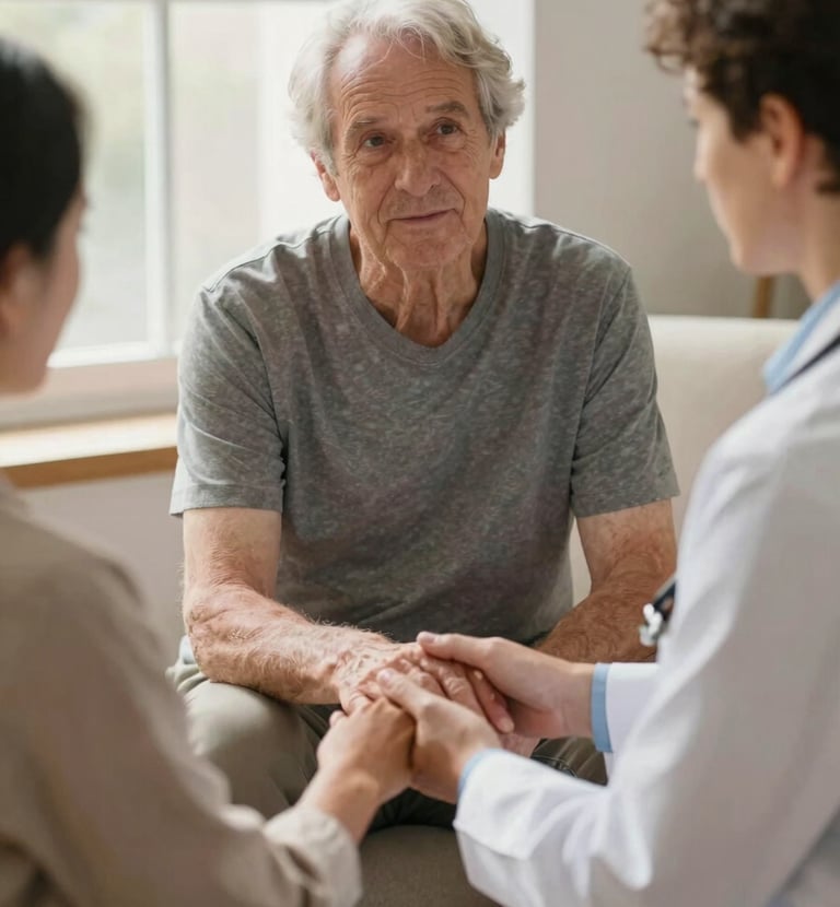 A respectful medium shot of an elderly patient holding a clinical consultant's hand in a warm, sunlit room, soft natural window light, authentic interaction, shallow depth of field.