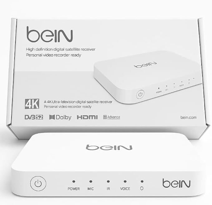 White beIN 4K Ultra HD digital satellite receiver and its retail packaging.