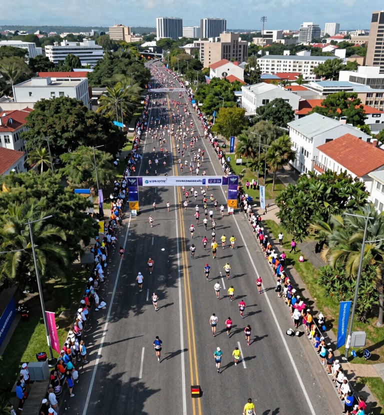 Wide shot of a sports event filmed from above with a drone.