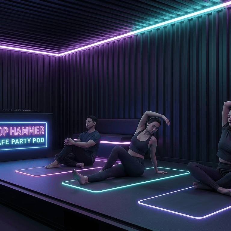 People practicing yoga inside the Top Hammer Safe Party Pod wellness setup.