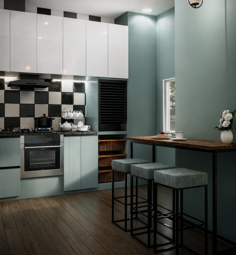 Modern small kitchen with teal cabinets, checkered backsplash, and a wooden breakfast bar with stools.