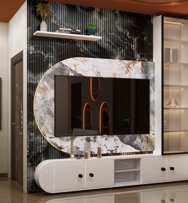 Modern luxury TV wall unit with marble paneling, backlit display, and white entertainment console.