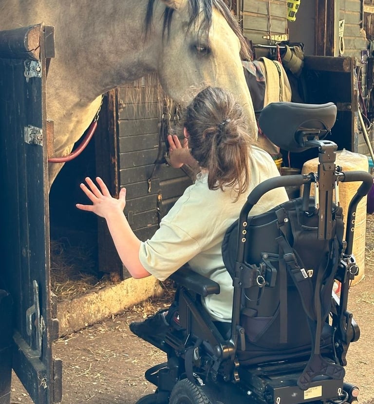 A person in a power wheelchair interacting with a white horse at a stable during equine therapy.