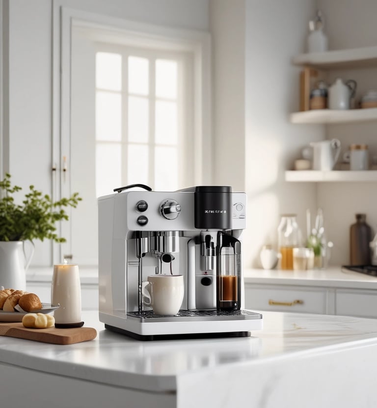 Close-up of a beige marble kitchen countertop with a simple ceramic vase holding dried flowers.