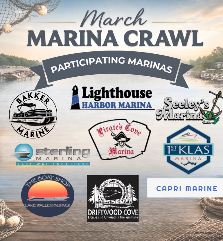 Promotional flyer for the March Marina Crawl featuring participating Lake Wallenpaupack boat marinas and local yacht clubs.