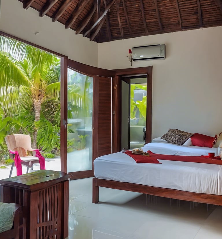 A serene tropical scene featuring overwater bungalows lined along a pristine beach with clear turquoise waters. Lush palm trees accompany the bungalows, creating a picturesque and tranquil vacation setting. The ocean extends into the horizon, displaying vibrant shades of blue and creating a perfect backdrop.