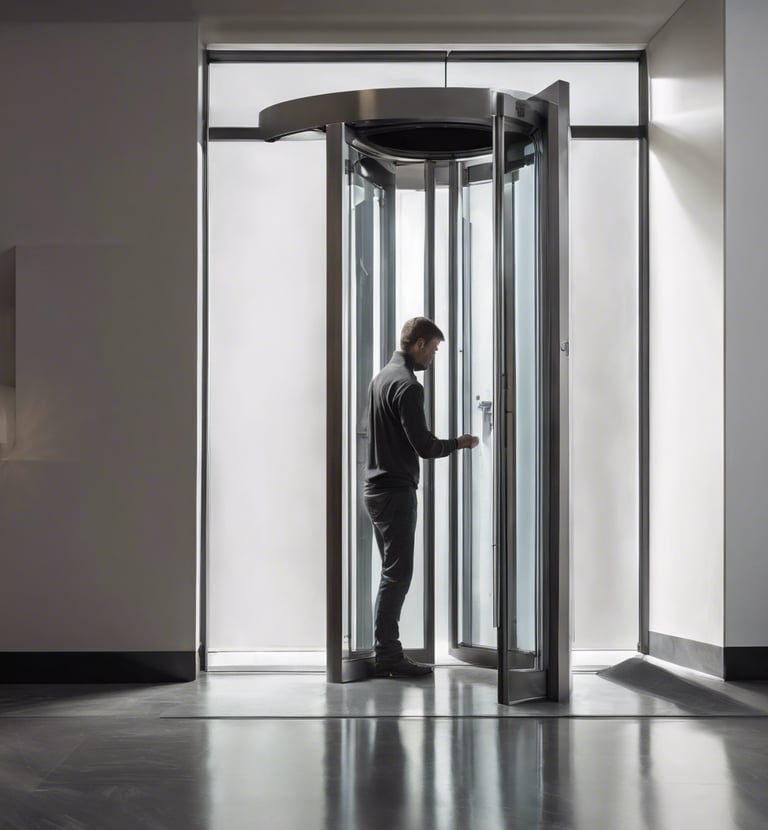 a painting of a person in a black and white dress standing in front of a house and a