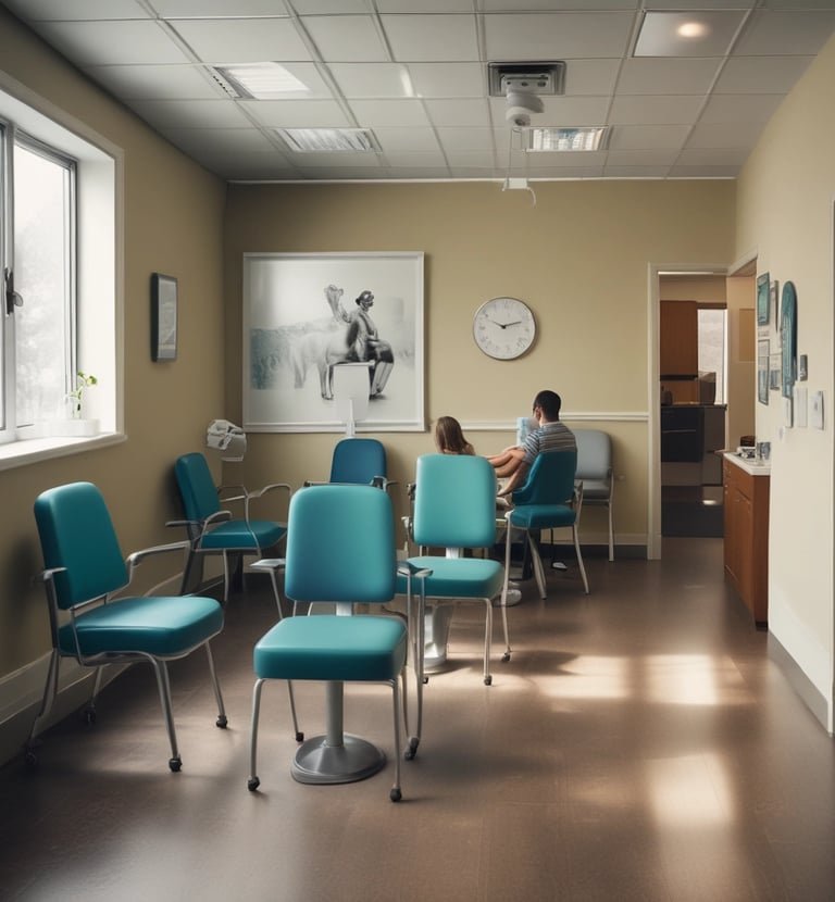 A dental professional is wearing a mask and a blue surgical cap adorned with dental-themed prints. She is looking back towards the camera in a dental clinic setting. Another person in a white uniform is seated in the background near dental equipment. The room is bright and clean, featuring dental chairs and tools.