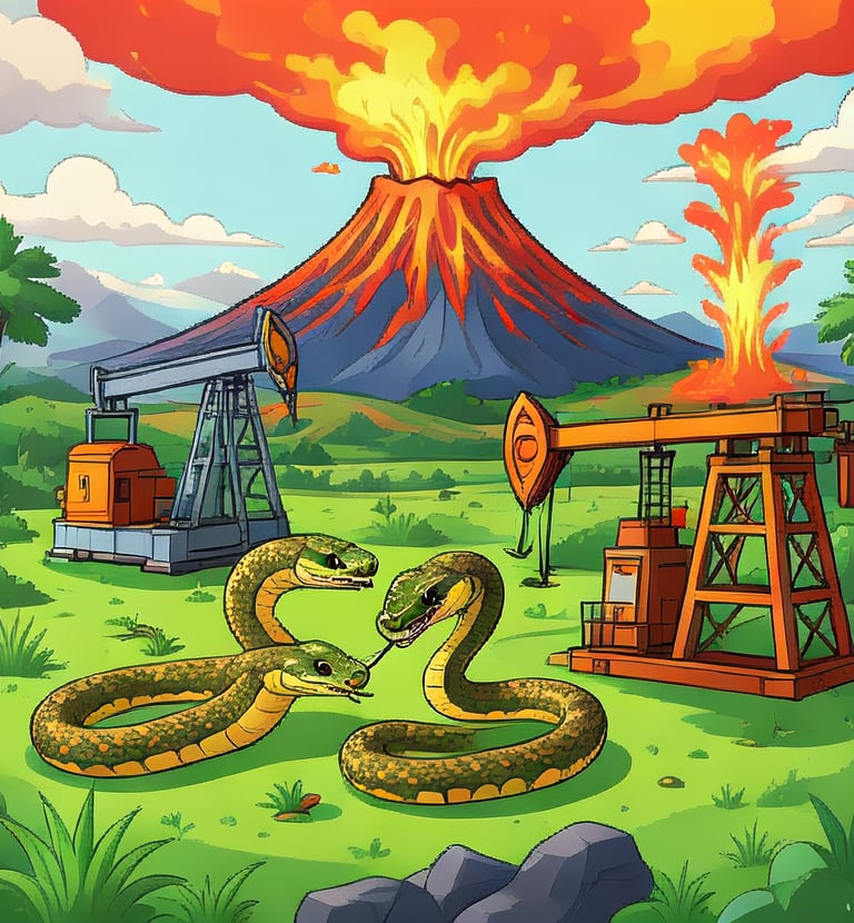 3 snakes are in the foreground of a scene with erupting volcano and oil derricks