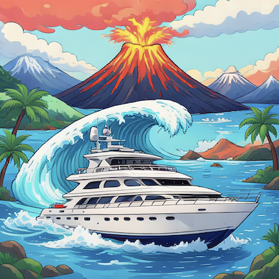 A luxury yacht is being overwhelmed by a tsunami wave created when a volcano erupts.