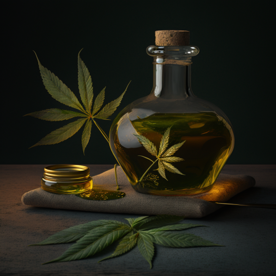 CBD oil on a table with cannabis leaves