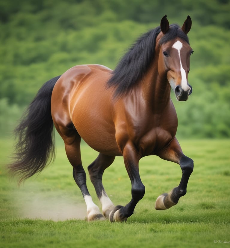 A detailed view of a horse with a shiny, muscular build, standing on a grassy area. The image also includes a few people partially visible, dressed in formal attire, some holding the horse's reins. The setting appears to be an outdoor event with manicured greenery in the background.