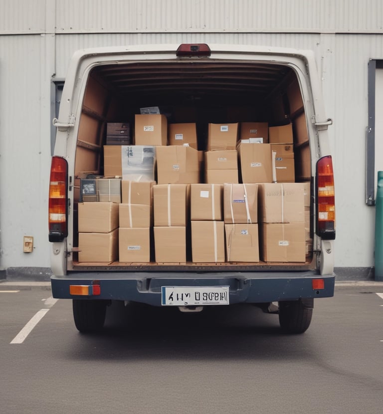 A cargo van parked outside a business, ready for deliveries.