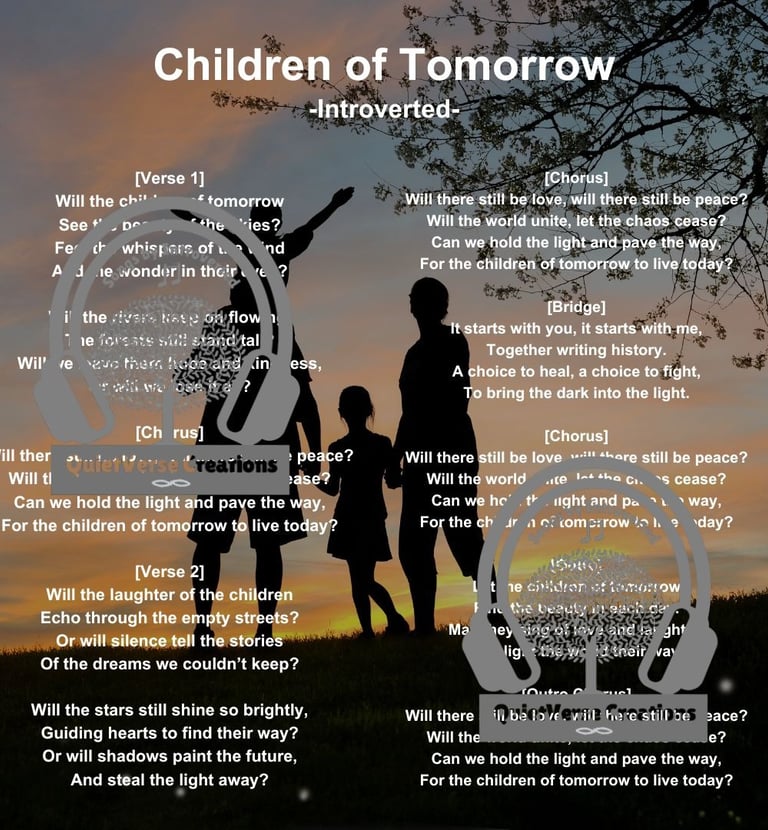 Lyric art of 'Children of Tomorrow' with a happy family silhouette in nature.