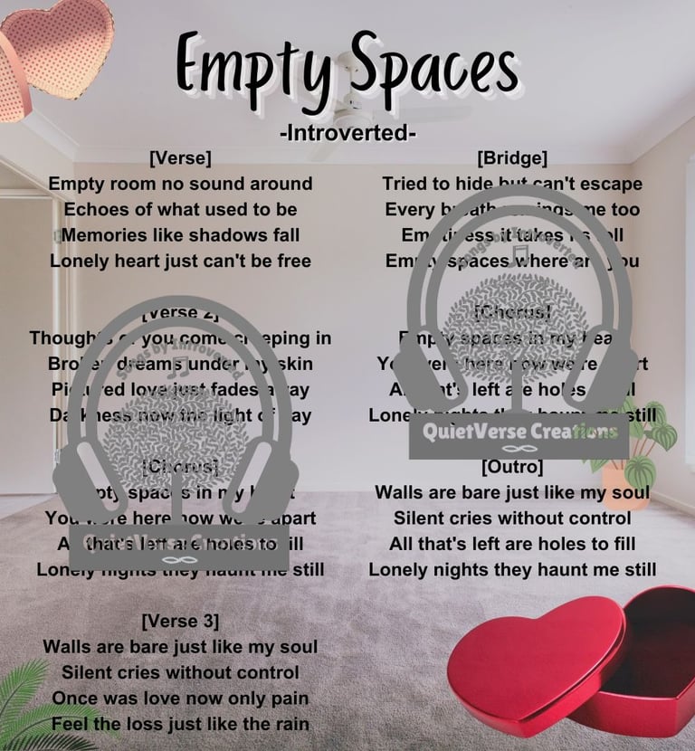 'Empty Spaces' lyric art with empty room and empty heart shape box
