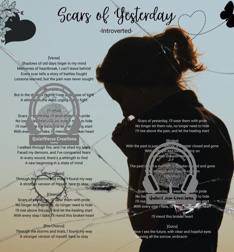 Lyric art of 'Scars of Yesterday' with broken glass & a sad woman’s silhouette.