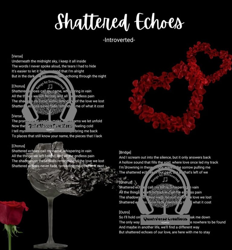 Lyric art of 'Shattered Echoes' with a broken wine glass, red rose & heart.