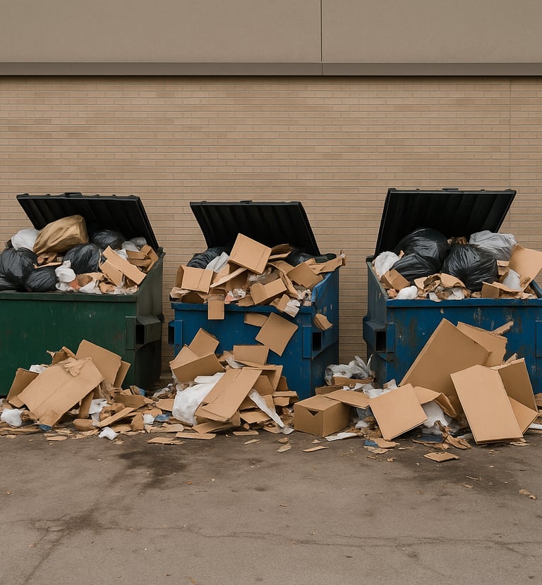 Various dumpsters that are extremely full of trash and boxes that are behind a business.