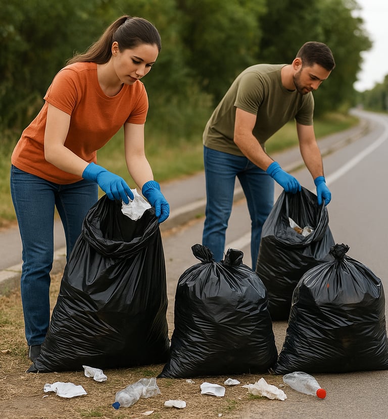 Employees of Guaranteed Junk Removal who are cleaning up trash and junk by placing it into black tra