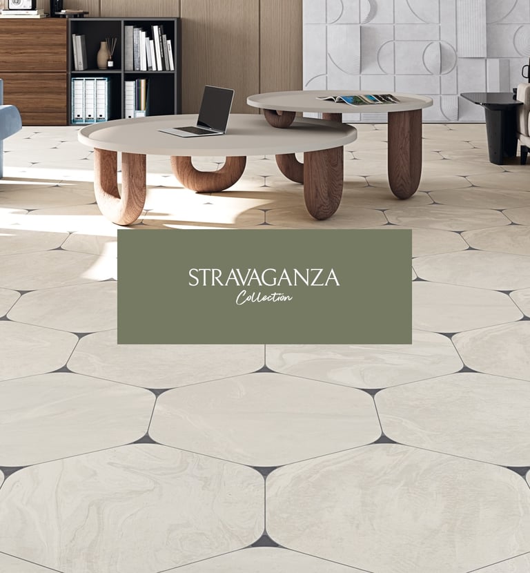 a living room with a couch and a table with vives ceramica stravaganza