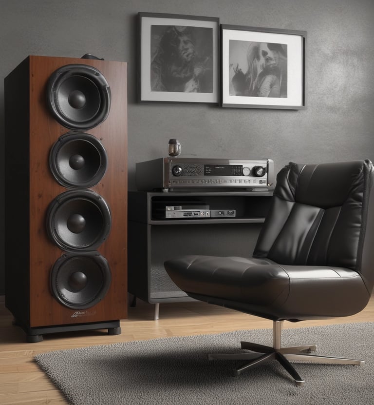 A cozy living room featuring a sleek audio system.