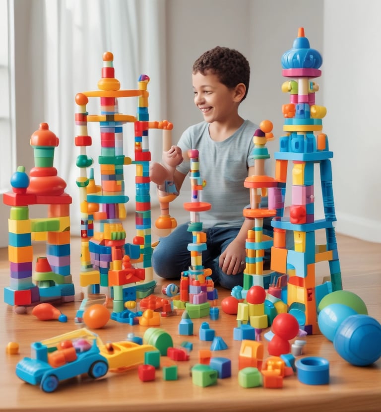 A densely packed display of assorted colorful toys hanging and stacked in a store. The items include various types of balls, rackets, action figures, dolls, and other children's playthings in vibrant packaging.