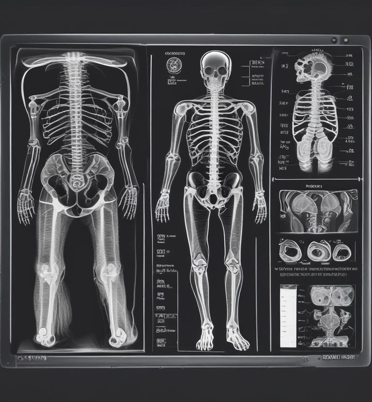 A man with a beard and glasses, wearing a white coat and red sweater, is attentively examining a series of cranial X-ray images displayed on a lightbox. A chalkboard with writing is visible in the background.