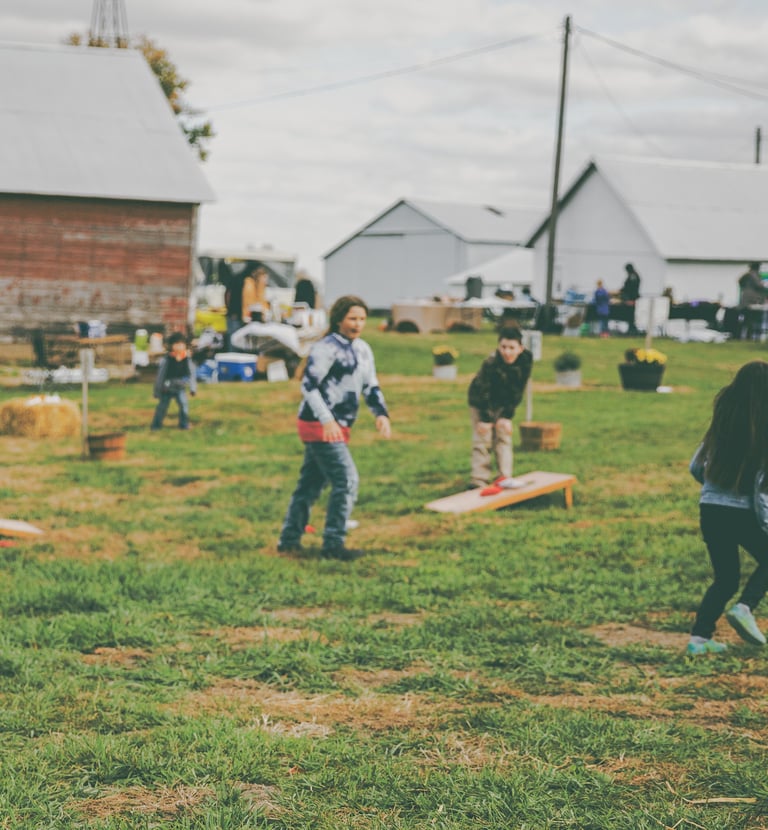 a group of children playing yard games in an open grassy field
