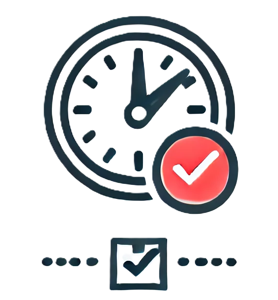 Ícono de un reloj con una marca de verificación, simbolizando puntualidad y cumplimiento.