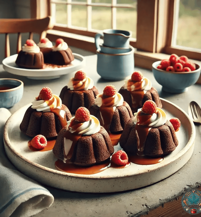 Mini chocolate molten lava cakes topped with whip cream, maple syrup, and fresh raspberries.