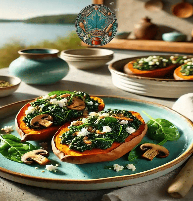 Baked sweet potato halves stuffed with spinach, mushrooms, and crumbled feta.