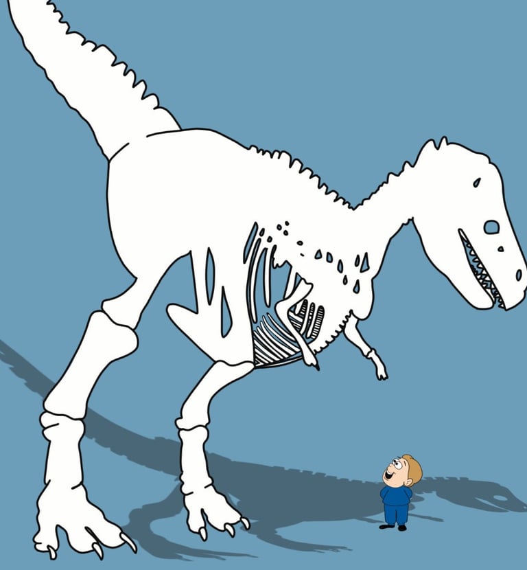Niño pequeño frente a un enorme esqueleto de dinosaurio