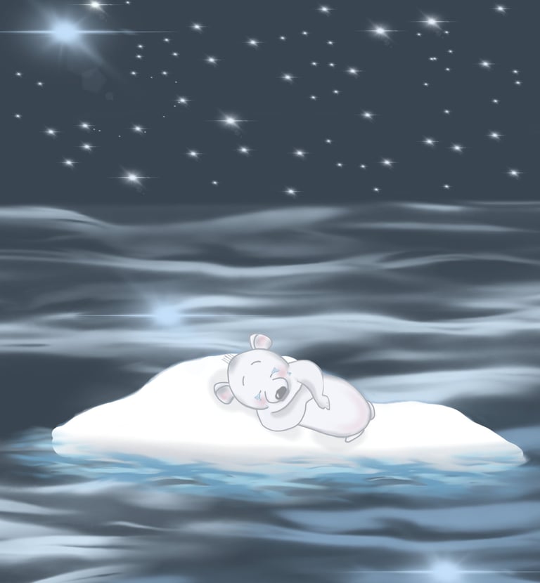 baby polar bear on an ice berg on a starry night