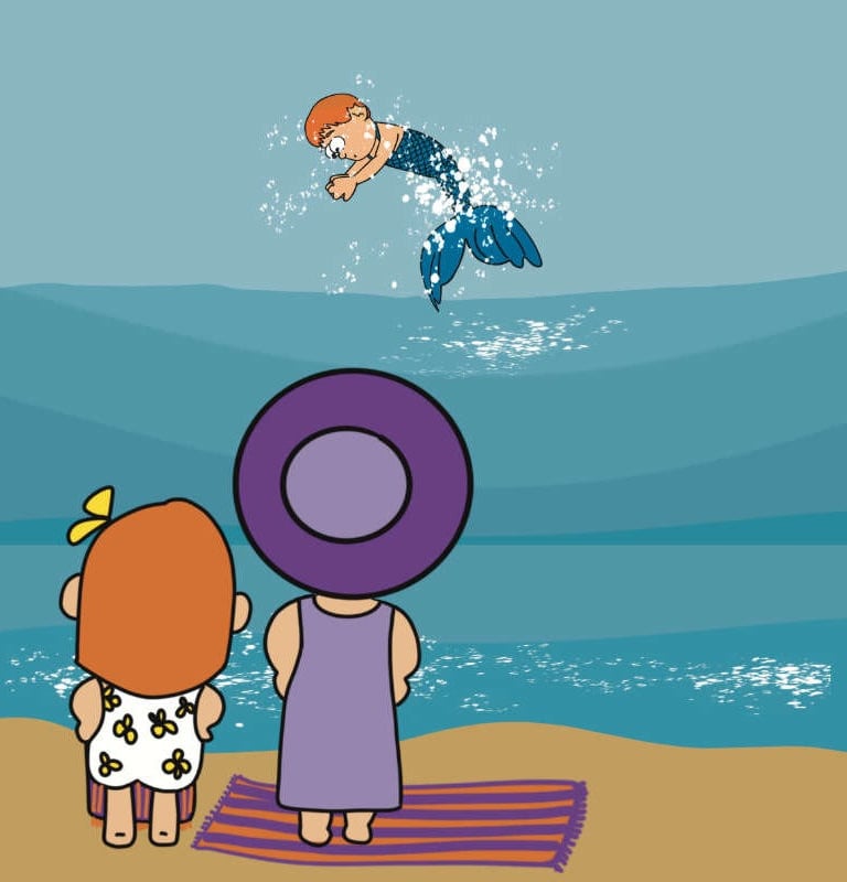 Mermaid boy jumping out of the water near a beach with people watching