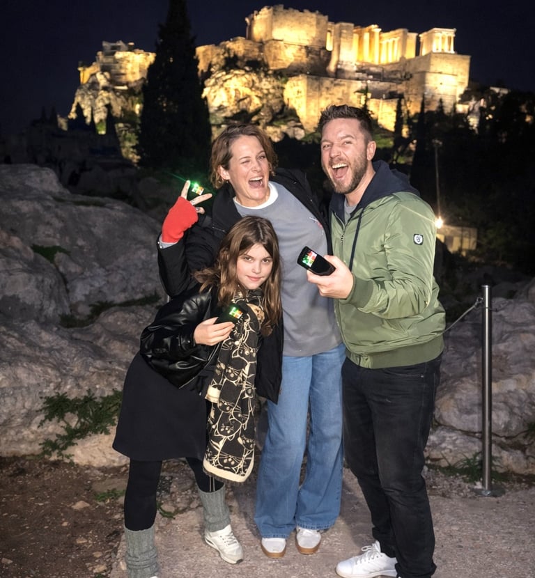 A family having fun on the Athens Ghost Tour who are smiliing and having fun