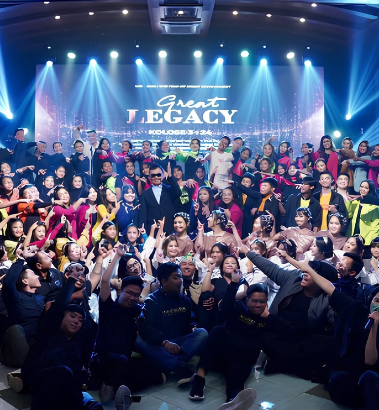 a group of people standing around a stage